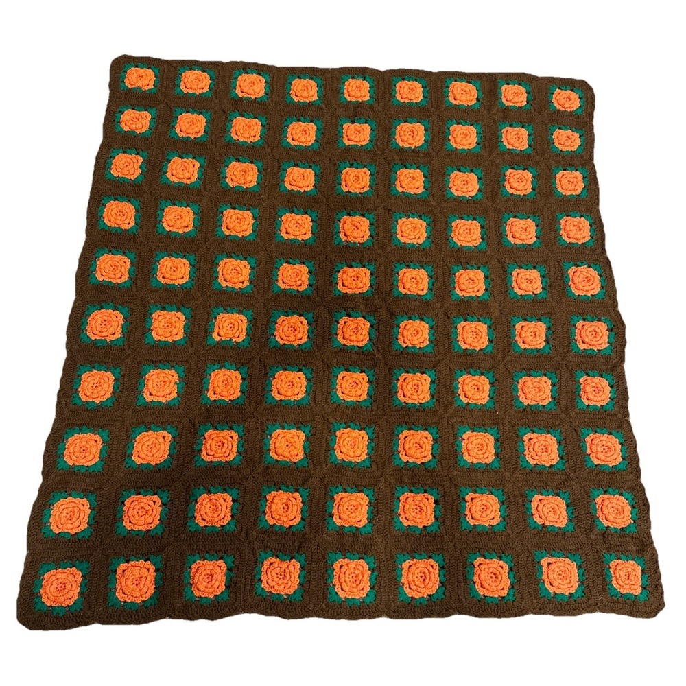 Vintage Knitted Crochet 3D Rose Square Afghan Large Throw Blanket 60" x 55"